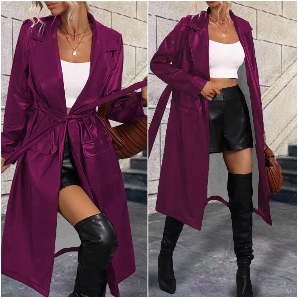 Luxe Vegan Leather Belted Minimalist Trench Coat Jacket - Picture 4 of 8